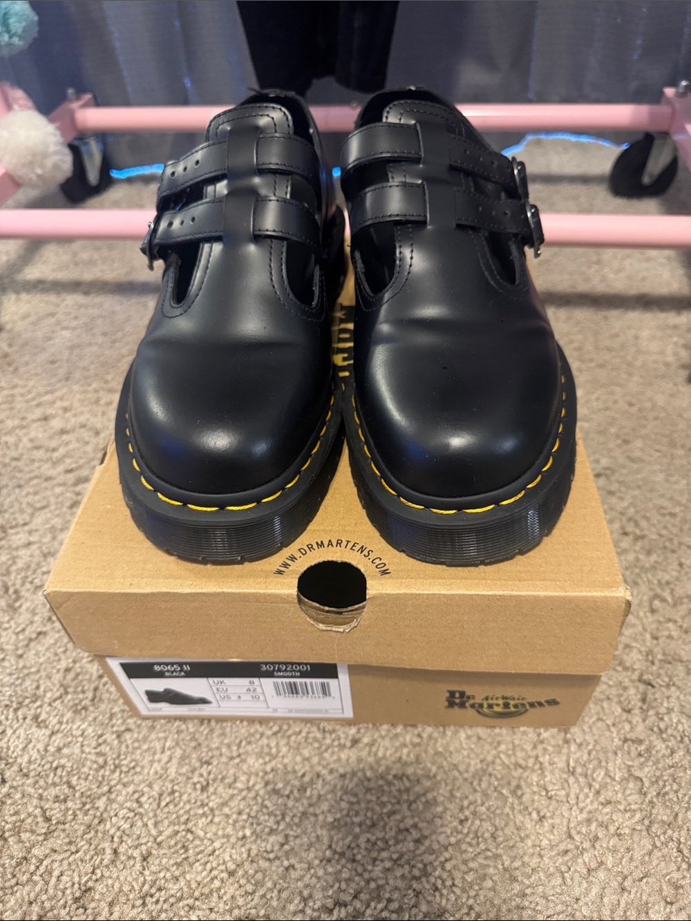Dr. Martens women’s  Black Leather T-Strap Shoes with Yellow Stitching size 10